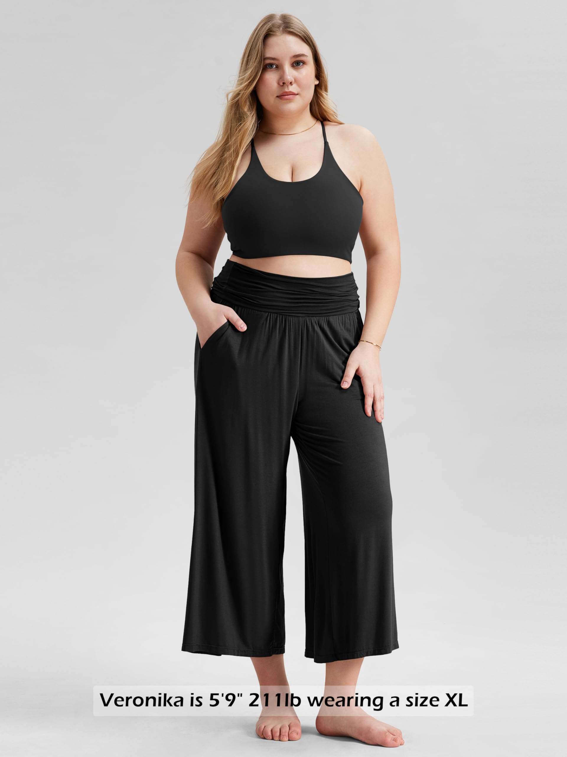 ODODOS Women's Wide Leg Palazzo Lounge Cropped Pants with Pockets Light Weight Comfy Casual Pajama Capri Pants-22 inseam, Black, XX-Large