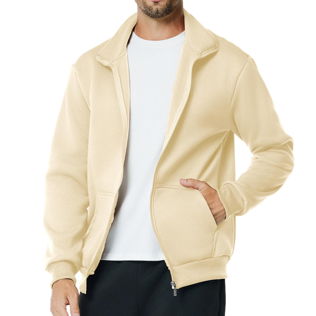 Men's Fleece Full Zip Up Sweatshirt Casual Lightweight Long Sleeve Mock Neck Jackets with Pocket(M,Khaki)