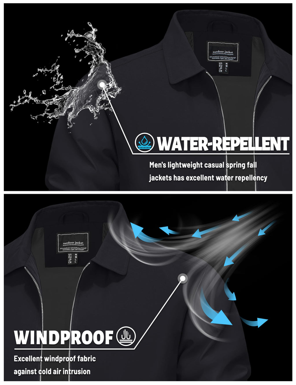 TACVASEN Mens Jacket Lightweight Windbreaker Jacket Business Casual Stylish Zip Up Work Coat for Fall and Spring Black