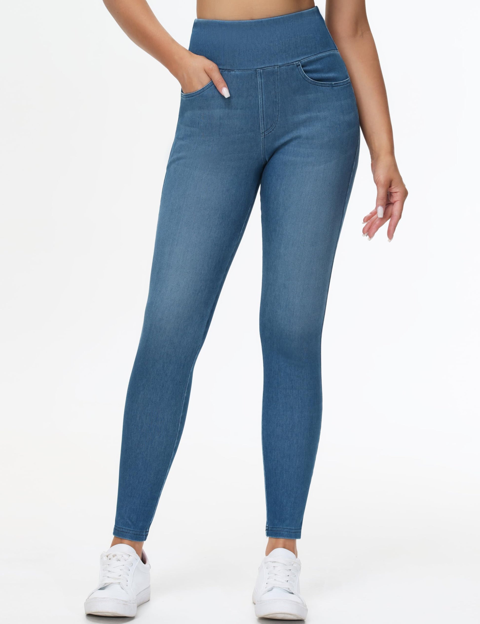 THE GYM PEOPLE Women's High Waisted Jeggings Pants Stretchy Tummy Control Skinny Jean Leggings with Pockets Denim Blue