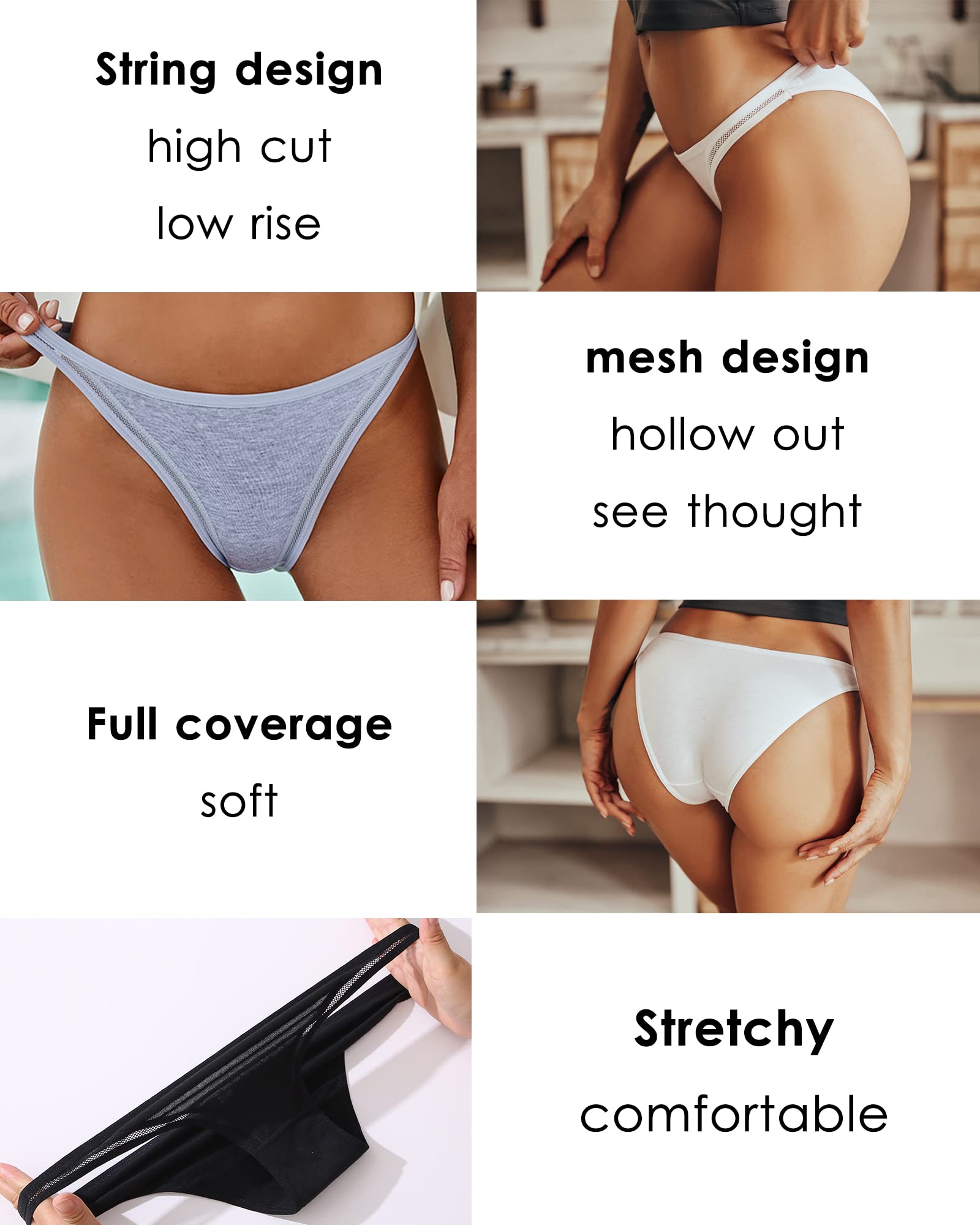 FINETOO 6 Pack String Underwear for Women Cotton High Cut Stretch Breathable Low Rise Hipster Cheeky Bikini Panties S-XL