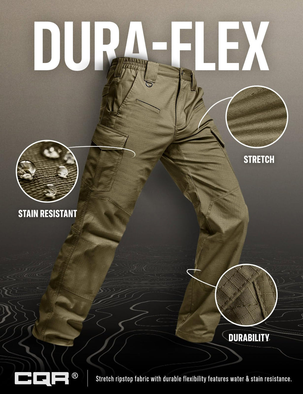 CQR Men's Flex Ripstop Tactical Pants, Water Resistant Stretch Cargo Pants, Lightweight EDC Hiking Work Pants, Marauder Soil Green, 34W x 32L