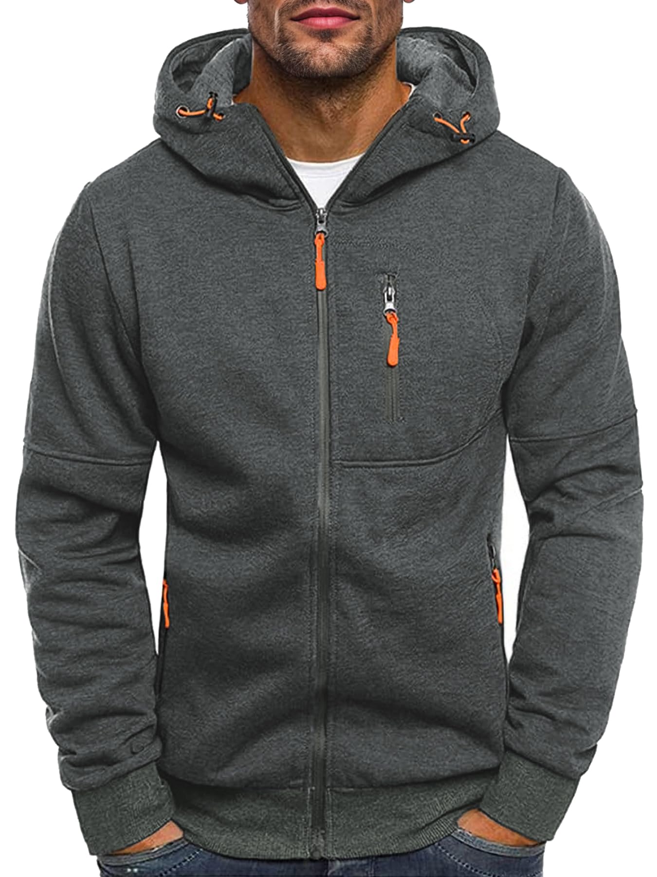 Riskrole Men's Zip Up Fleece Hoodie Lightweight Sweatshirt Long Sleeve Sports Hooded Jacket with Zipper Pockets Dark Grey