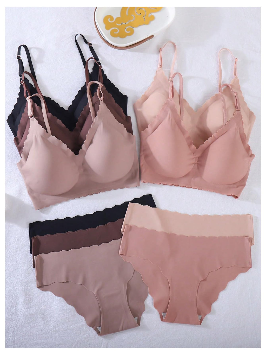 BEAUDRM Women's 5 Pack Seamless Lingerie Sets Scallop Trim Wireless Bralettes No Show Bra and Panty Sets Matching Underwear Multicolor Medium