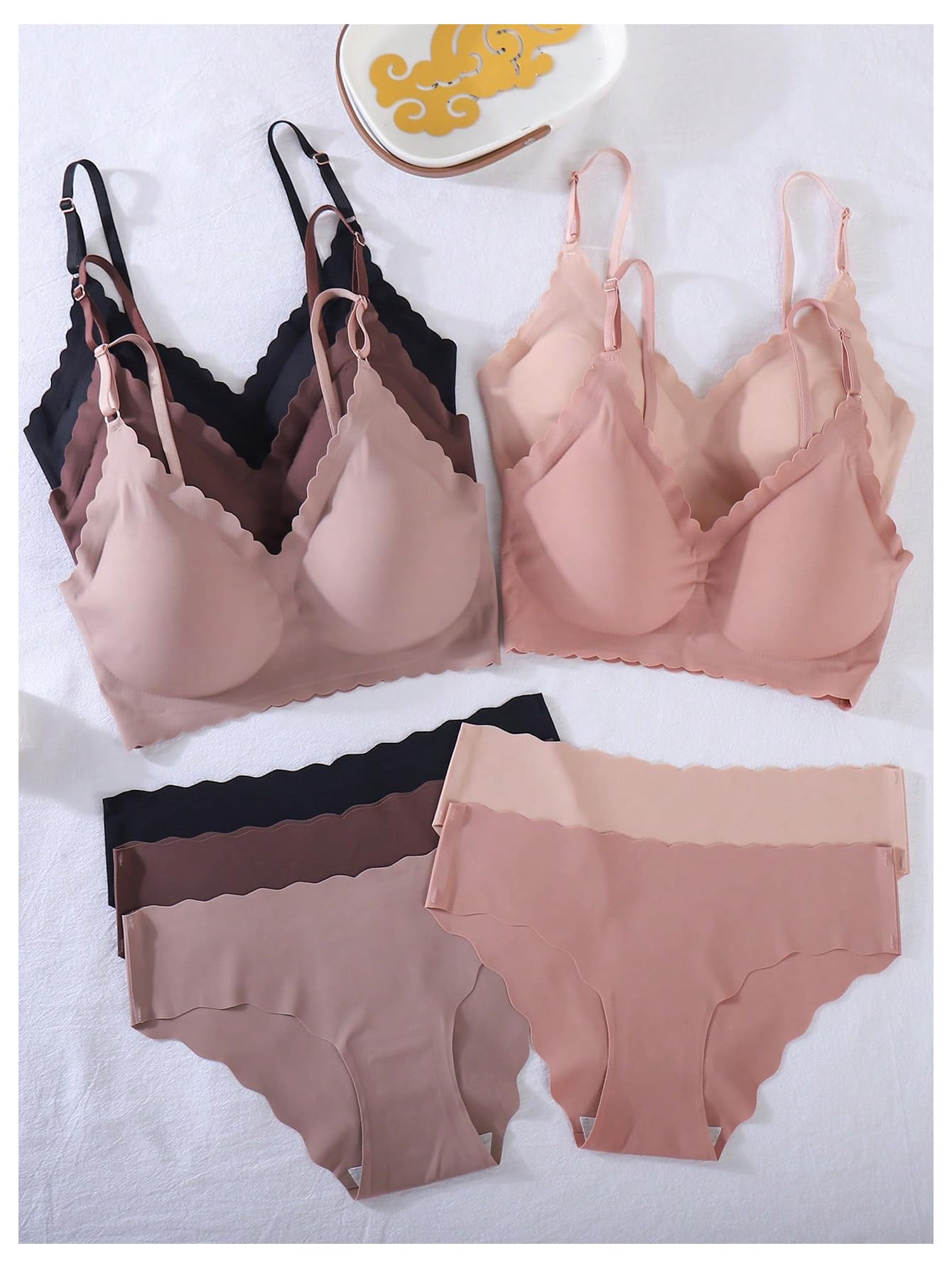 BEAUDRM Women's 5 Pack Seamless Lingerie Sets Scallop Trim Wireless Bralettes No Show Bra and Panty Sets Matching Underwear Multicolor Medium