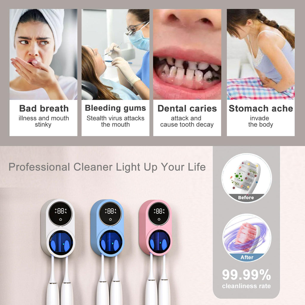 Biodzzs Toothbrush Holder and Cleaner for Bathroom Light Cleaning Fan Drying Round in Circle Automatic Rotating Cover Wall Mounted Smart Home Gadgets (01 White)