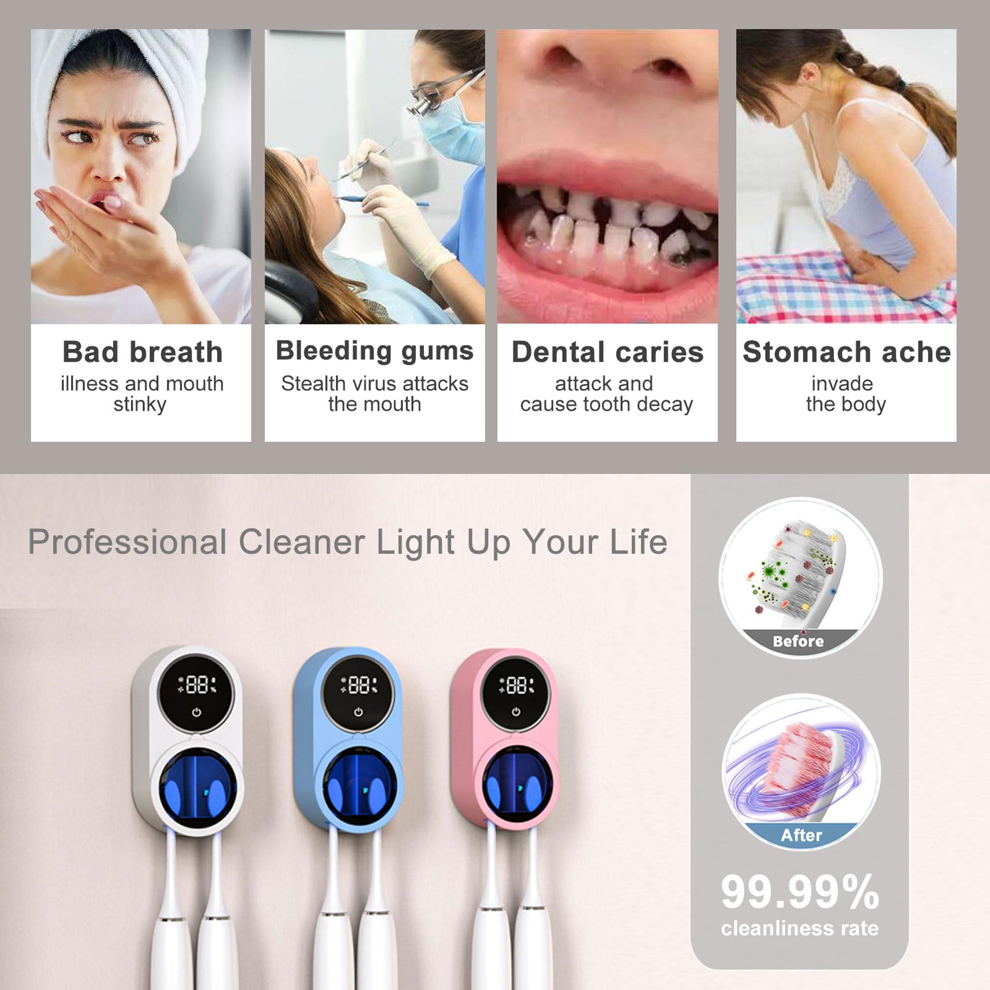 Biodzzs Toothbrush Holder and Cleaner for Bathroom Light Cleaning Fan Drying Round in Circle Automatic Rotating Cover Wall Mounted Smart Home Gadgets (01 White)