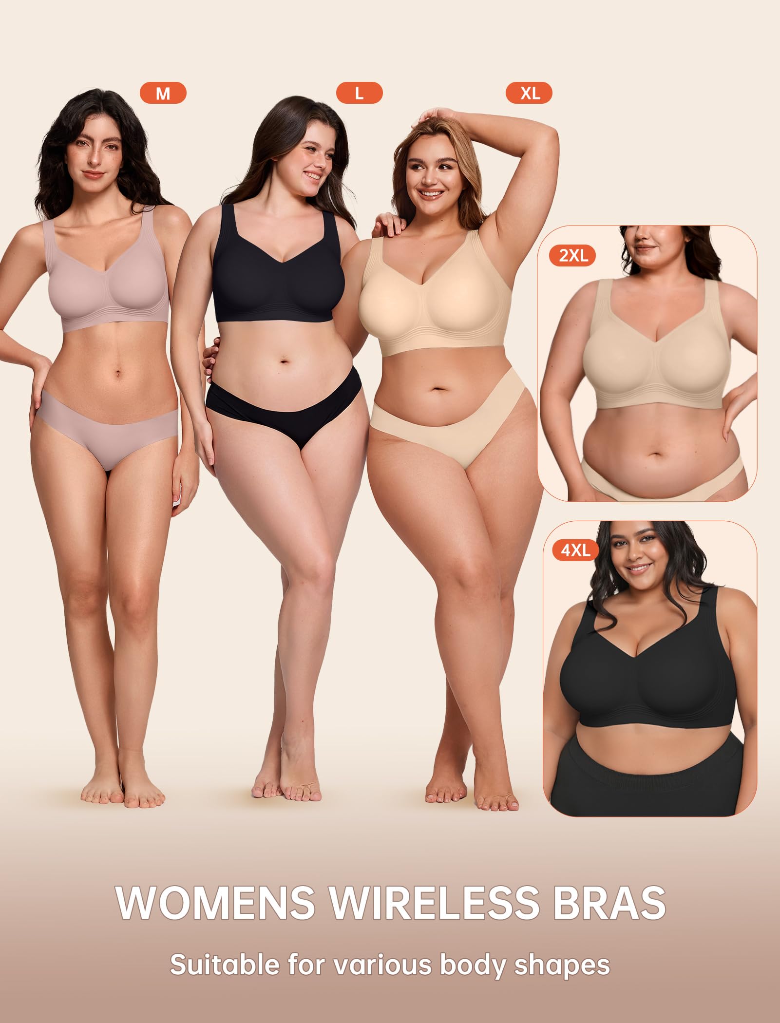 LetsJoli Bras for Women Supportive Wireless Push Up Bra Full Coverage No Underwear Seamless Plus Size for Older Women（Black,XL