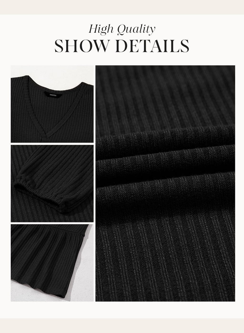 Dokotoo Fall Dresses for Women 2025 V Neck Ribbed Knit Texture Empire Waist Long Sleeve Dress Swing Flared Ruffle A Line Cute Casual Loose Flowy Wedding Guest Party Short Mini Dress Black Small