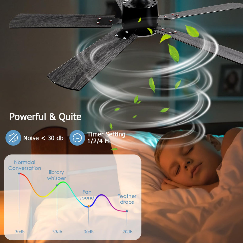 FUMLTP 52 inch Modern Ceiling Fans with Lights APP/Remote Control, Low Profile Reversible 6 Speeds Ceiling Fan Light for Indoor/Outdoor Patio Bedroom Living Room,Black