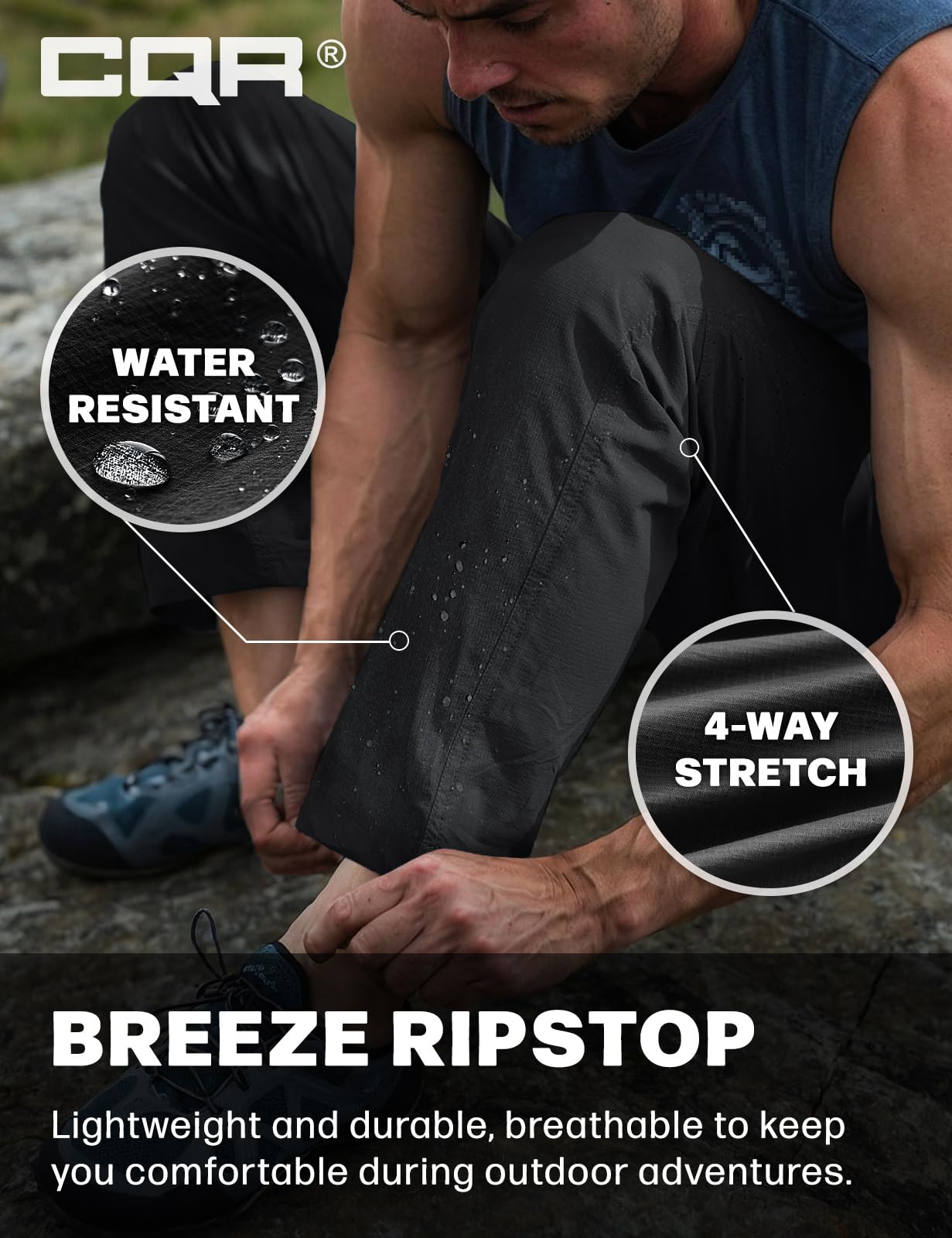 CQR Men's Lightweight Vent Hiking Pants, Water-Resistant & Breathable Sports Outdoor Athletic Pants with Elastic Waist, Ascend Crux Black, 36W x 32L