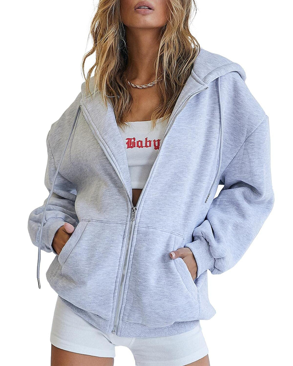 Trendy Queen Womens Zip Up Hoodies Oversized Sweatshirts Fall School Fashion Outfits Casual Jackets 2025 Winter Clothes Grey L