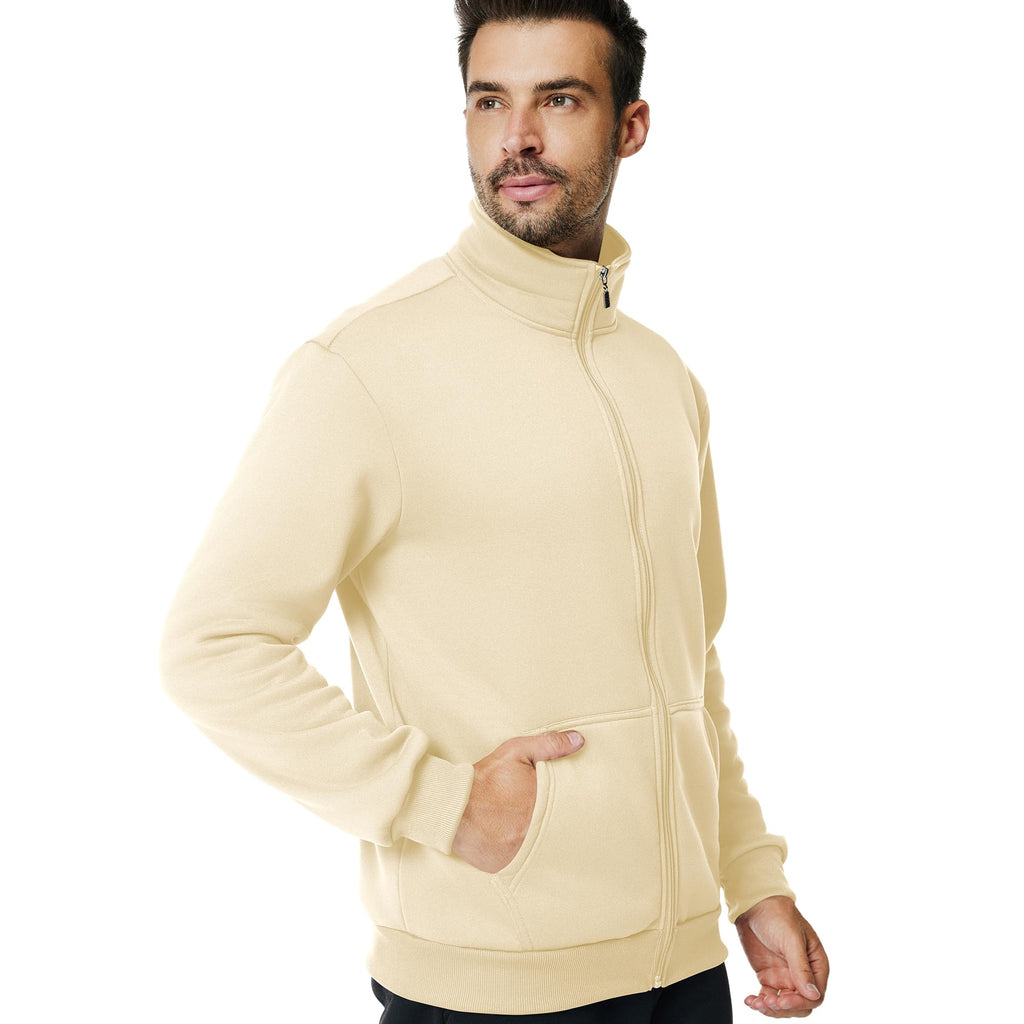 Men's Fleece Full Zip Up Sweatshirt Casual Lightweight Long Sleeve Mock Neck Jackets with Pocket(M,Khaki)