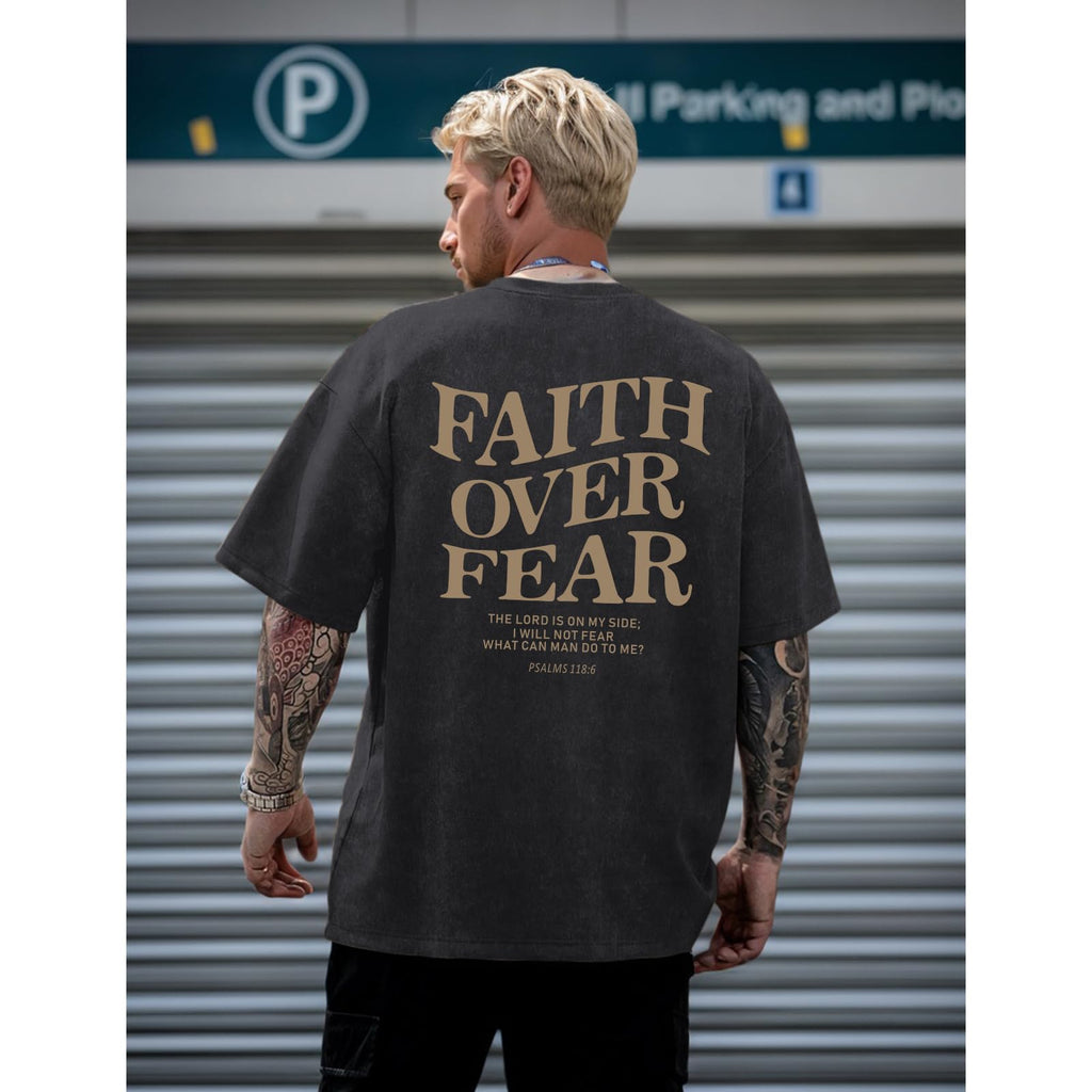 Weetiotio Christian Faith Over Fear Shirt for Men Jesus Religious Shirts Oversized Graphic Tees Acid Wash God T-Shirt(Black,M)