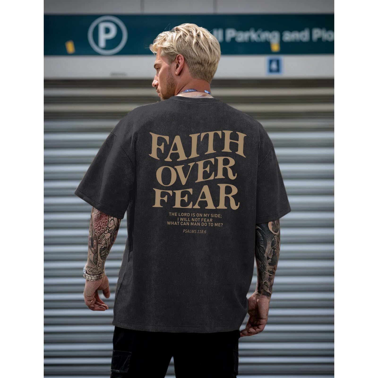 Weetiotio Christian Faith Over Fear Shirt for Men Jesus Religious Shirts Oversized Graphic Tees Acid Wash God T-Shirt(Black,M)