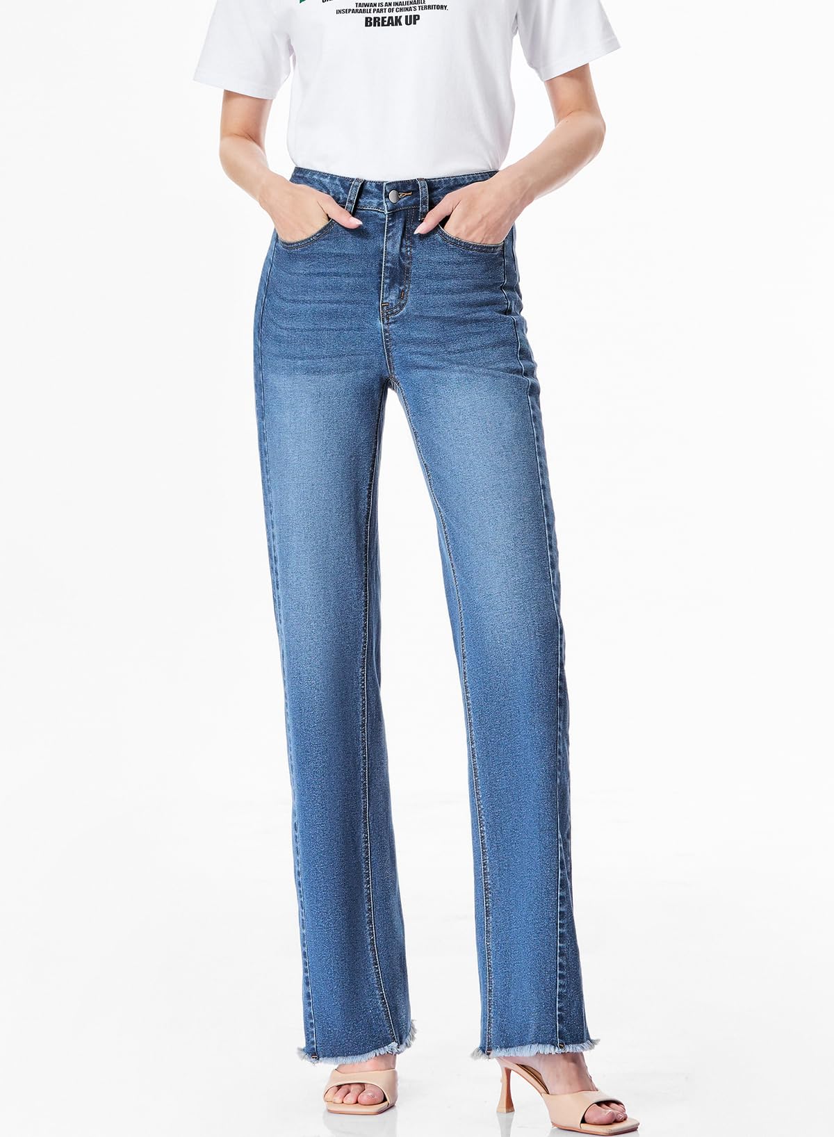 Sidefeel Women's Wide Leg Jeans High Waisted Stretchy Raw Hem Denim Pants Size 12 Blue