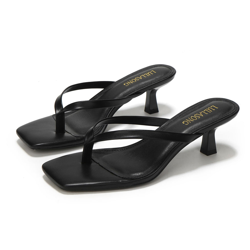 LULLASONG Women's Black Kitten Heels Sandals Square Open Toe Flip Flop Heels 1.8-2 Inch Heeled Sandals for Women