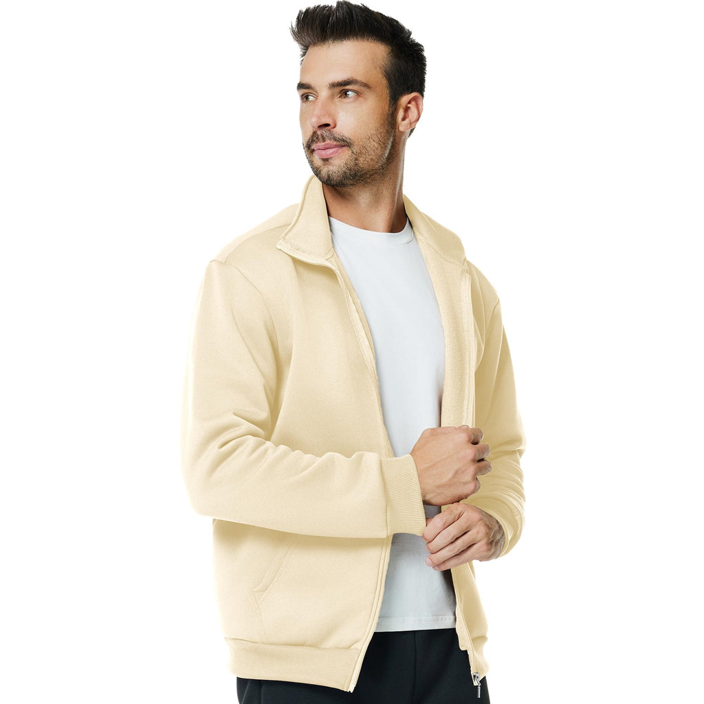 Men's Fleece Full Zip Up Sweatshirt Casual Lightweight Long Sleeve Mock Neck Jackets with Pocket(M,Khaki)