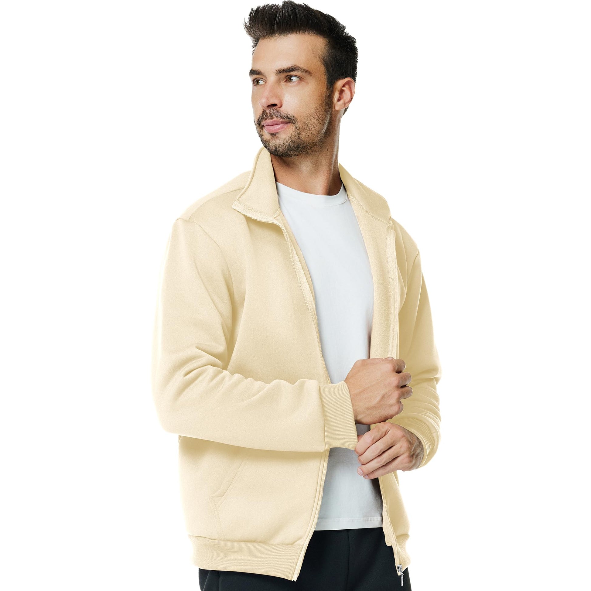 Men's Fleece Full Zip Up Sweatshirt Casual Lightweight Long Sleeve Mock Neck Jackets with Pocket(M,Khaki)