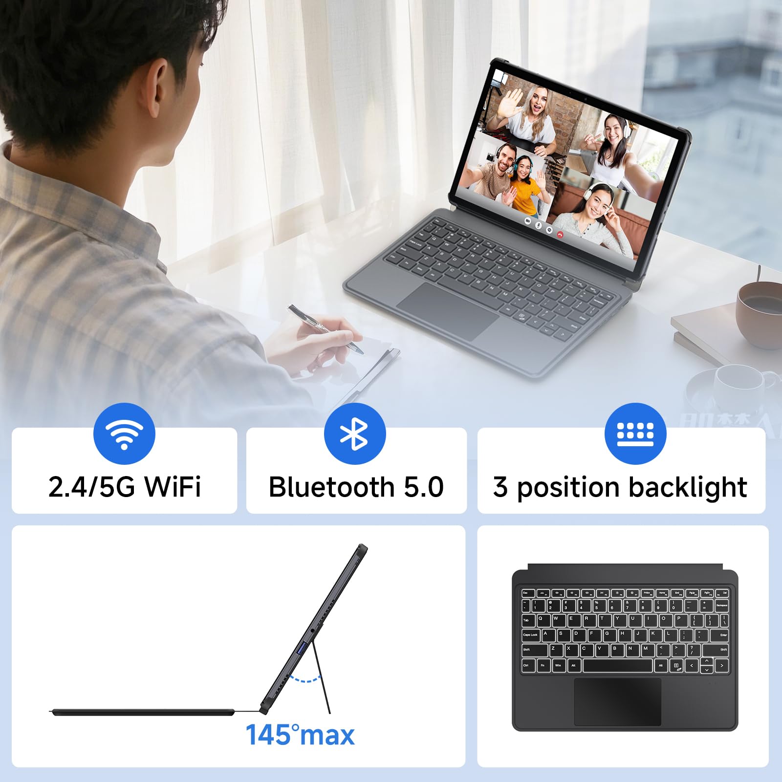 EYY 10.1" 2 in 1 Tablet/Laptop Computer, 12GB RAM+256GB SSD, Windows 11 Touchscreen Laptops with Stylus and Keyboard, Intel M3-8100Y Processor(up to 3.40GHz), WiFi 5, BT 5, HDMI, Dual Camera, Gray