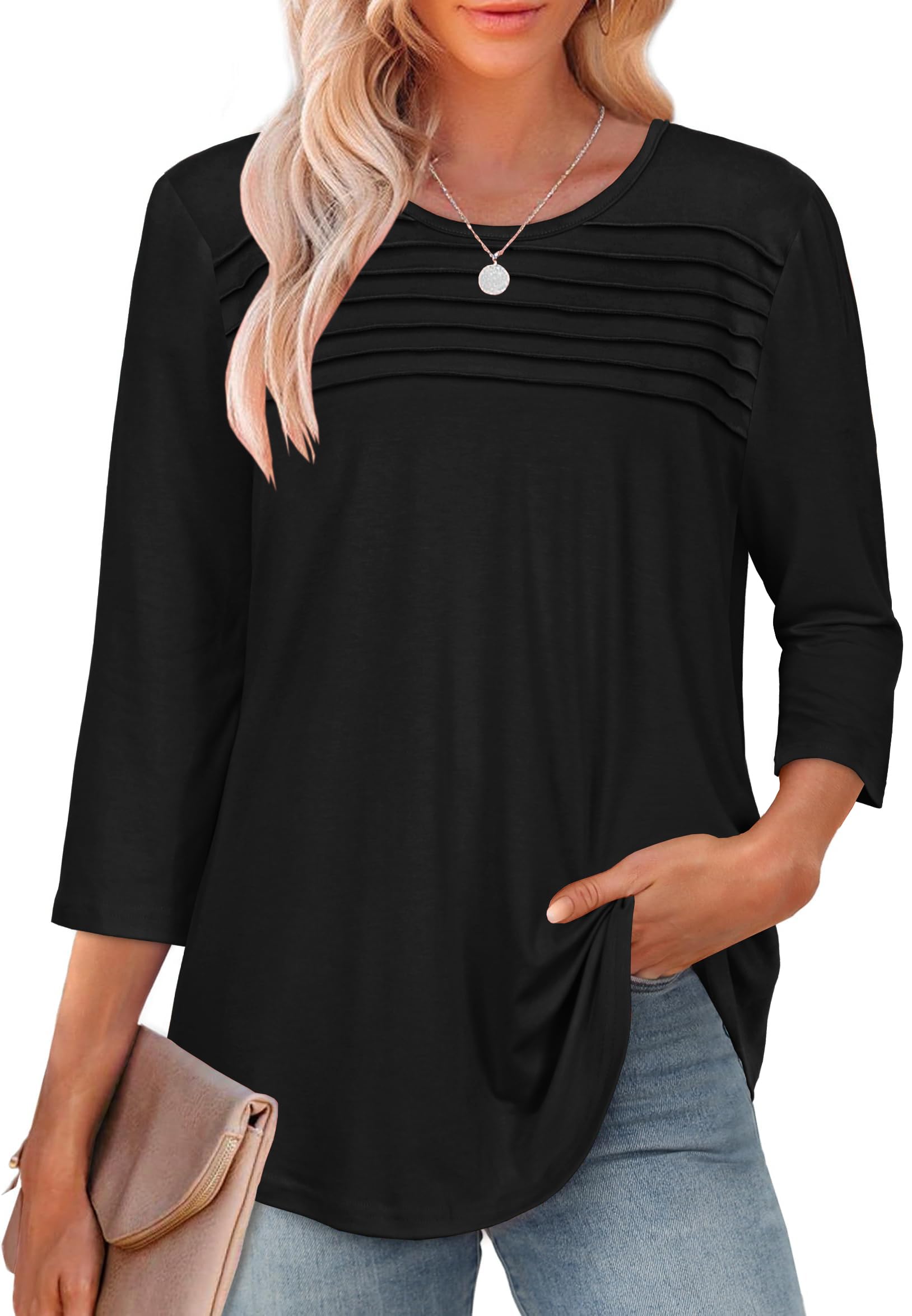 rosemia 3/4 Length Sleeve Womens Tops Crewneck Casual Blouses Dressy Pleated Front Loose Fit T Shirts, Black Color, XL