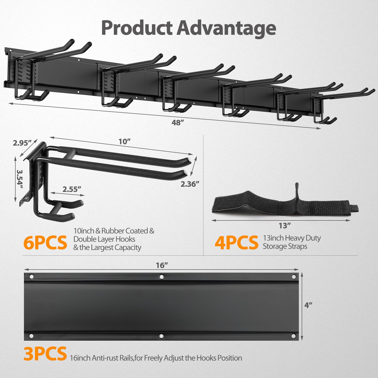 Waturis Tool Storage Rack, 48 Inch Heavy Duty Garage Wall Organzier, 13Pcs Adjustable Garden Tool Organizer for Garage Storage Organization Yard Shed Tool Organizer