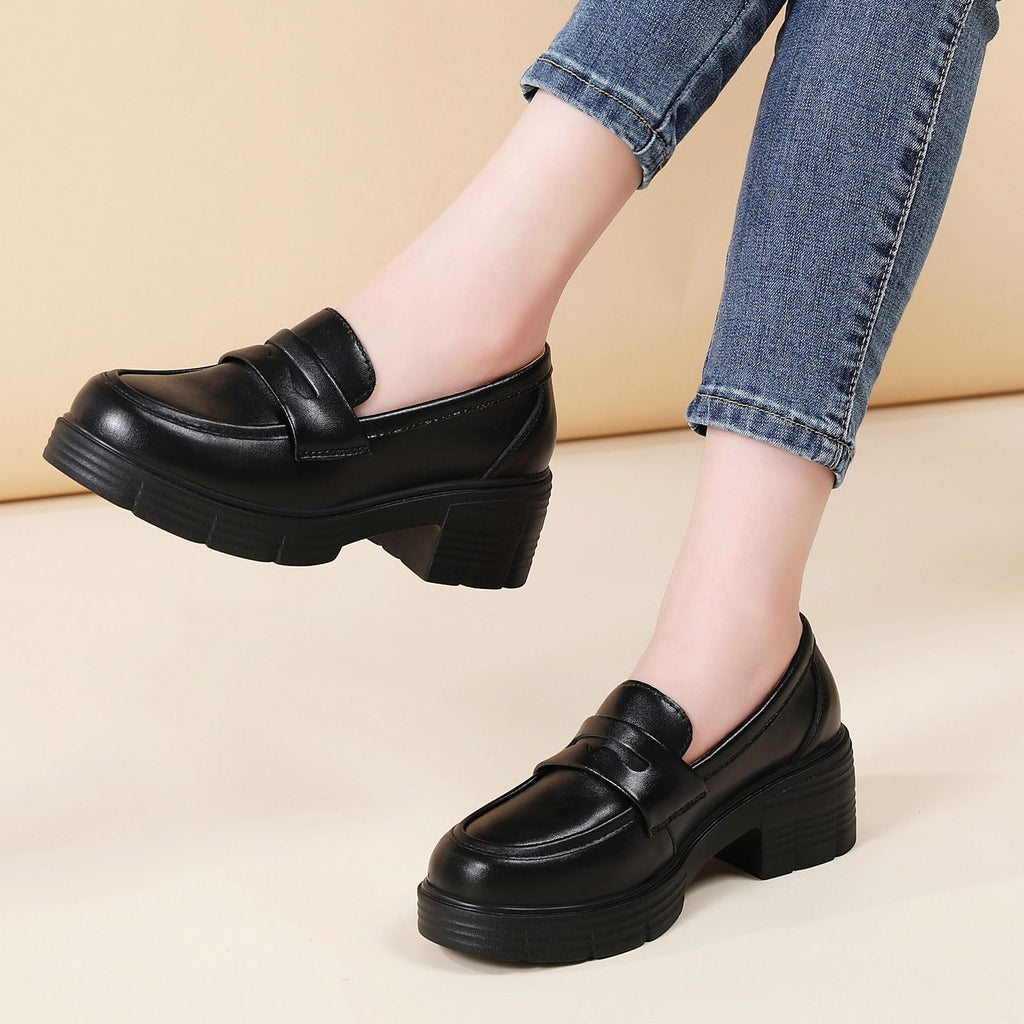 TKKAE Loafers for Women Women's Penny Platform Chunky Loafers Slip-Ons Comfortable Business Casual Dress Office Work Shoes for Ladies,Black Leather,6
