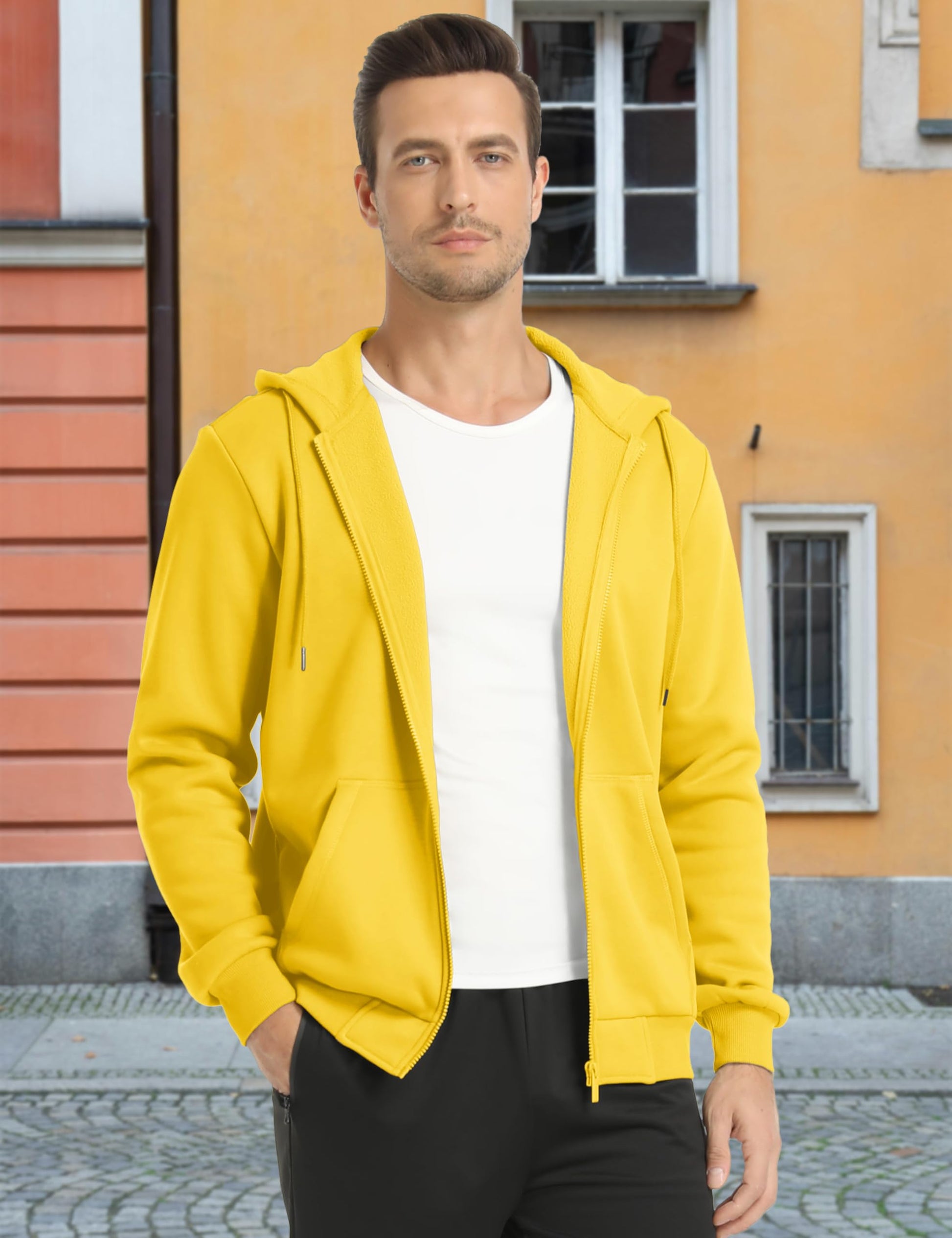 MAGCOMSEN Mens Zipper Hoodies Fashion Polar Fleece Jacket Lightweight Winter Pullover Cotton Full Zip Hooded Jacket for Men Yellow S