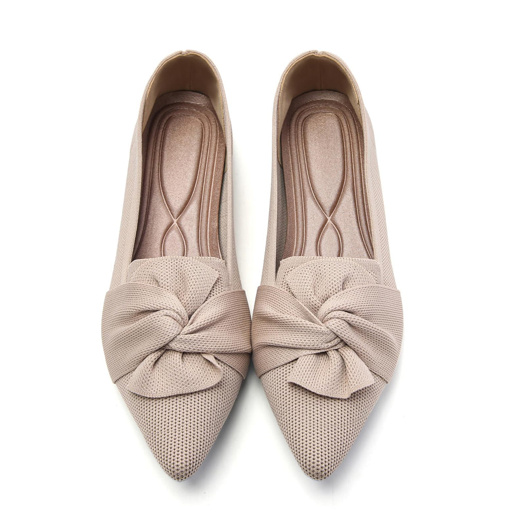 HIULYCENCE Flats for Women Pointed Toe Ballet Flats with Bow Comfortable Knit Dressy Flats Nude US9