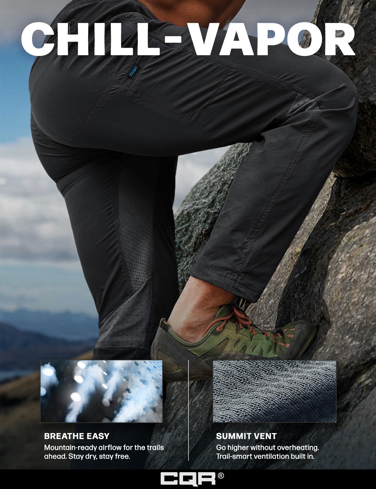 CQR Men's Lightweight Vent Hiking Pants, Water-Resistant & Breathable Sports Outdoor Athletic Pants with Elastic Waist, Ascend Crux Black, 36W x 32L