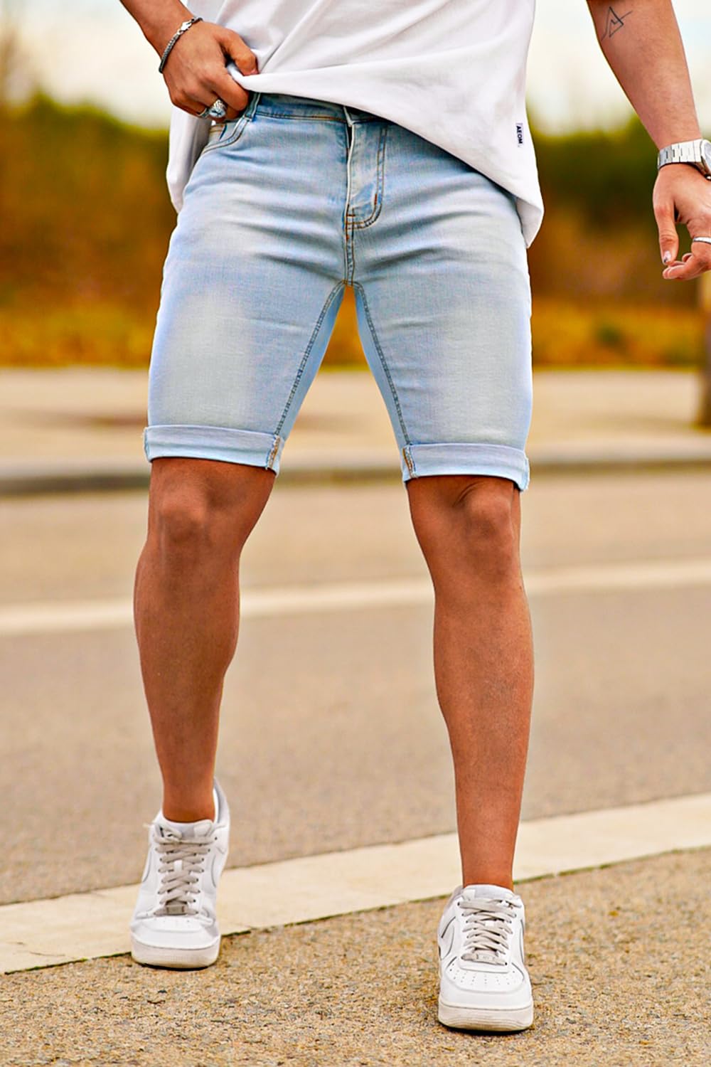 GINGTTO Mens Shorts Casual 7 Inch Inseam Shorts Jeans for Men Slim Fit Summer Light Blue 34