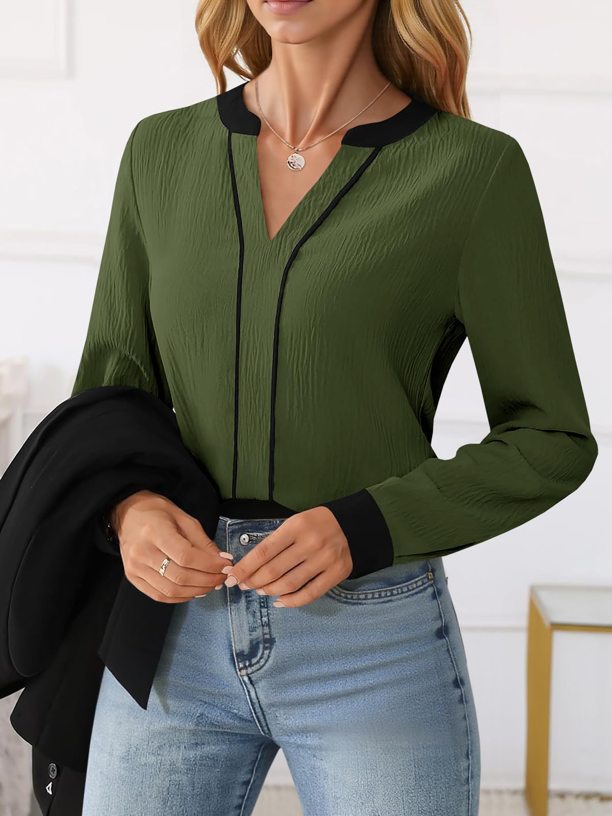 Tankaneo Womens Business Casual Tops 2025 V Neck Blouses Long Sleeve Fall Loose Work Shirts Army Green