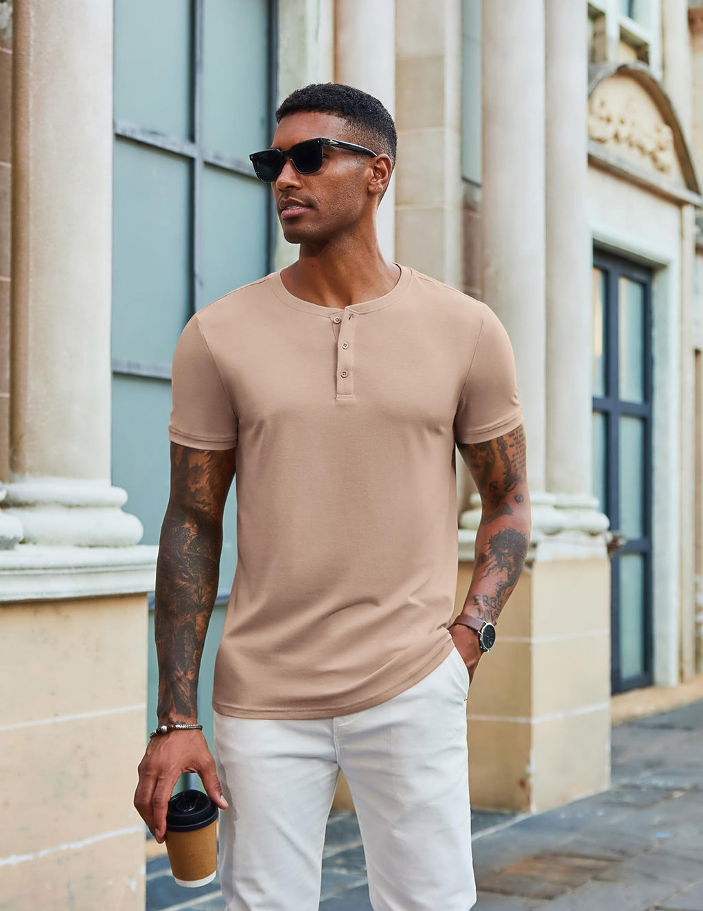 COOFANDY Men's Henley Shirts Short Sleeve Casual Summer Basic Tee Solid Button T-Shirts Light Khaki