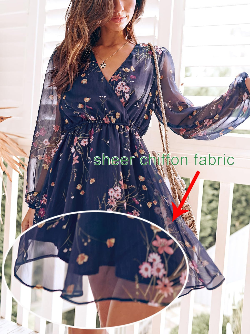 CUPSHE Women's Floral Print Sheer Chiffon A-Line Mini Dress Long Peasant Sleeves Elastic Autumn Dress,M