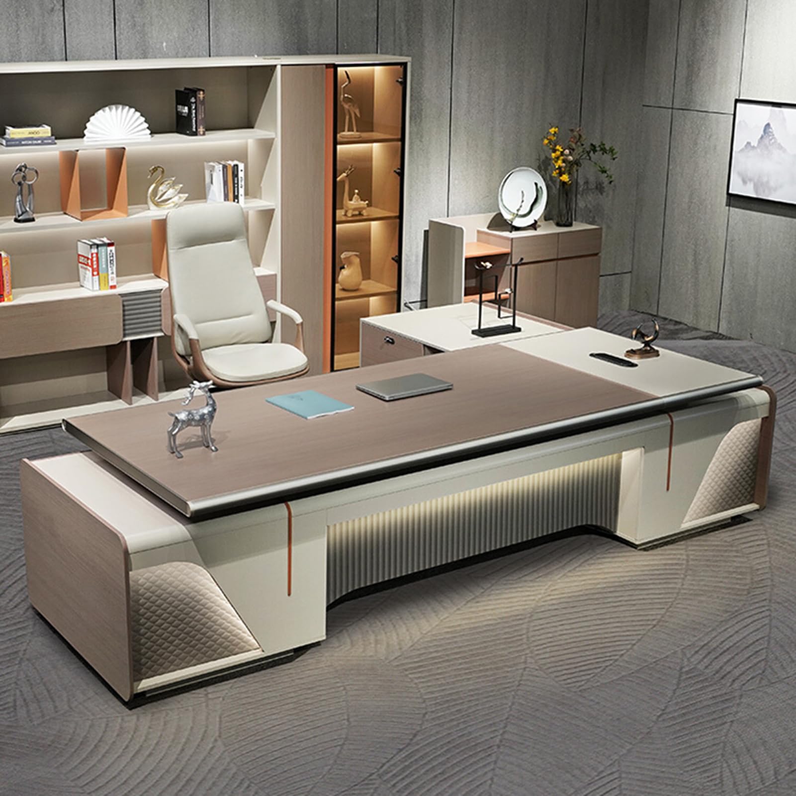 DLCQIJI L Shaped Computer Desk with Power Outlets and Smart LED Light, L Shaped Office Desk with Drawers and Storage, Home Office Furniture, 200cm