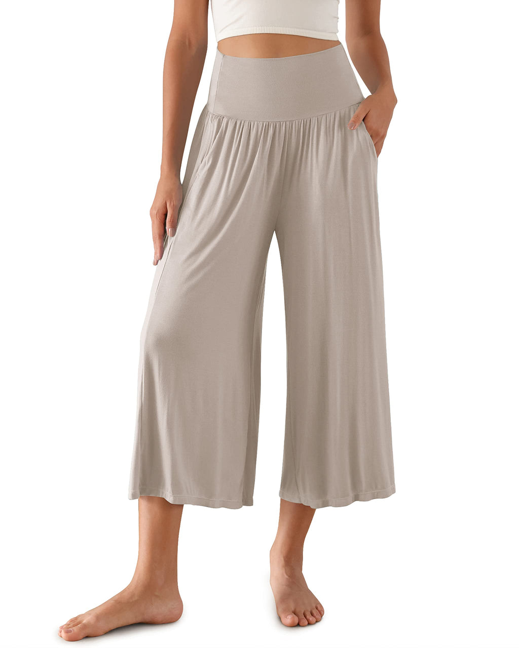 ODODOS Women's Wide Leg Palazzo Lounge Cropped Pants with Pockets Light Weight Comfy Casual Pajama Capri Pants-22 inseam, Light Beige, XX-Large
