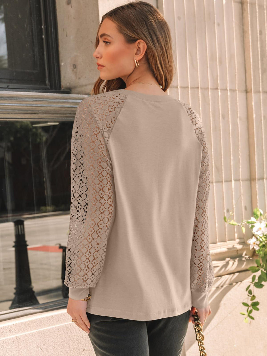 AUTOMET Womens Long Sleeve Shirts Lace Tops Business Casual Blouses 2025 Fall Fashion Teacher Outfits Trendy Clothes Knit T Y2k Ladies Dressy Work Professional Clothing Khaki L