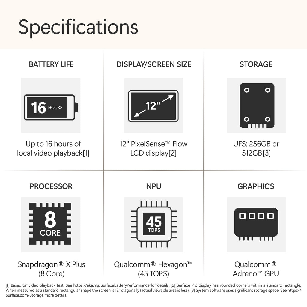 Microsoft Surface Pro 2-in-1 Laptop/Tablet (2025), Windows 11 Copilot+ PC, 12" Touchscreen Display, Snapdragon X Plus (8 Core), 16GB RAM, 256GB Storage, Platinum