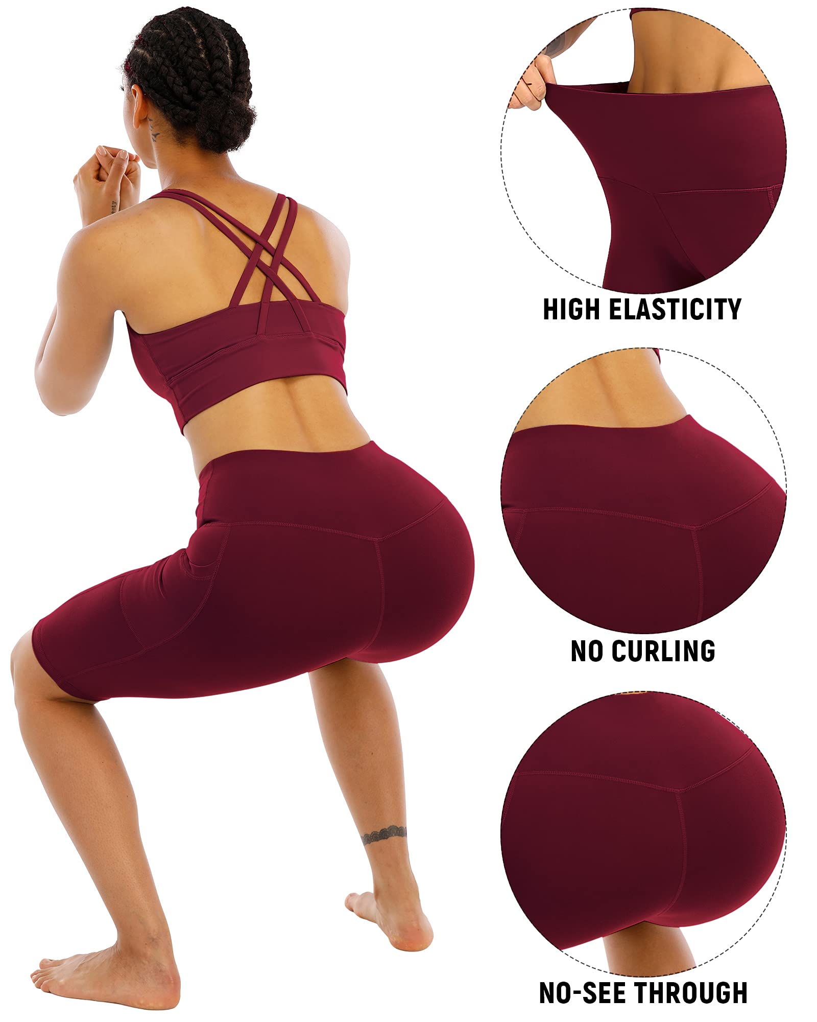 WHOUARE 4 Pack Biker Yoga Shorts with Pockets for Women,High Waisted Athletic Running Workout Gym Shorts Tummy Control,Black,Navy,Dark Gray,Burgundy,L