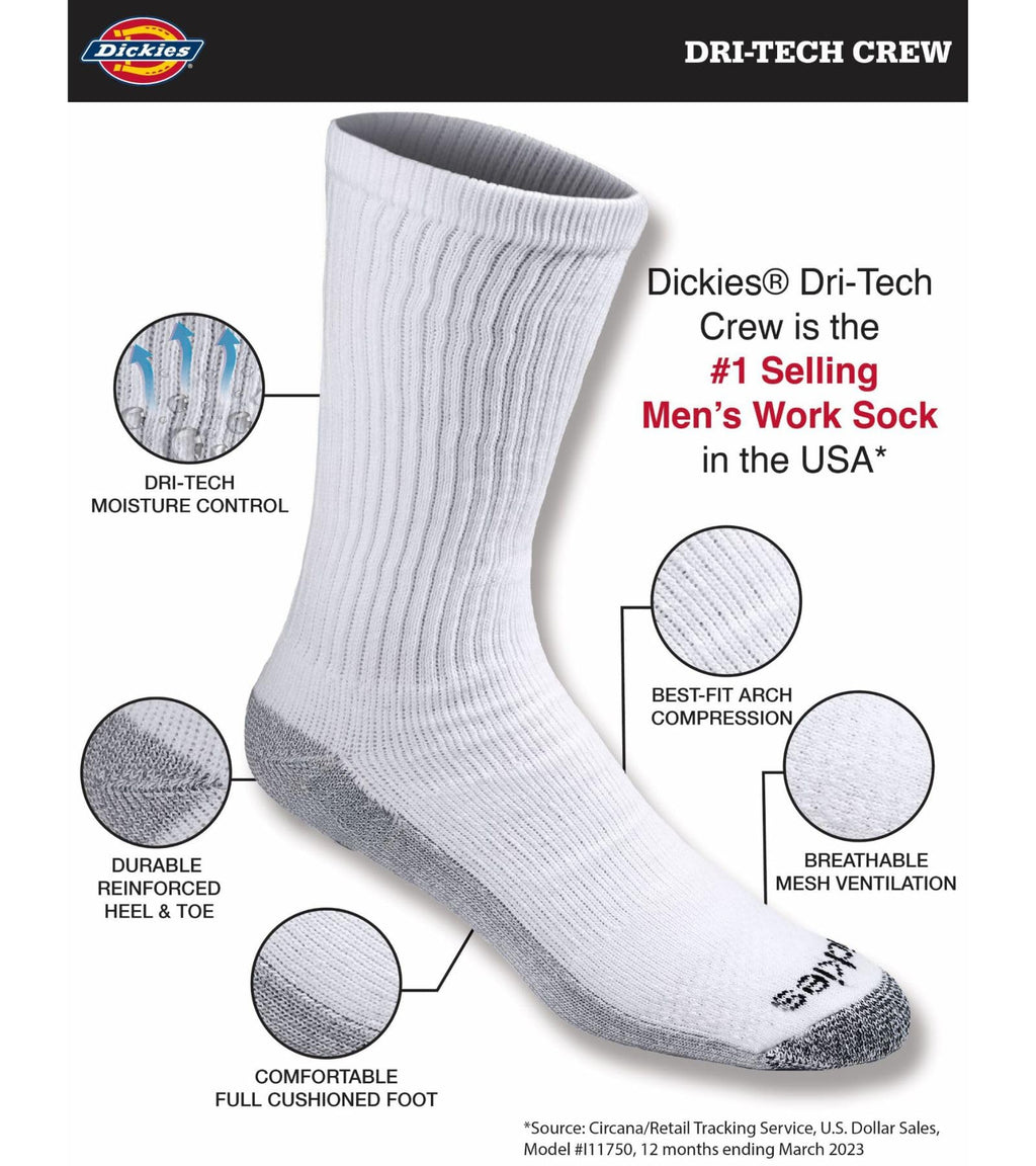 Dickies Men's Dri-Tech Original Moisture Control Crew Socks, Available in M-XXL (6, 12, 18 Pairs), White (6 Pairs), Large