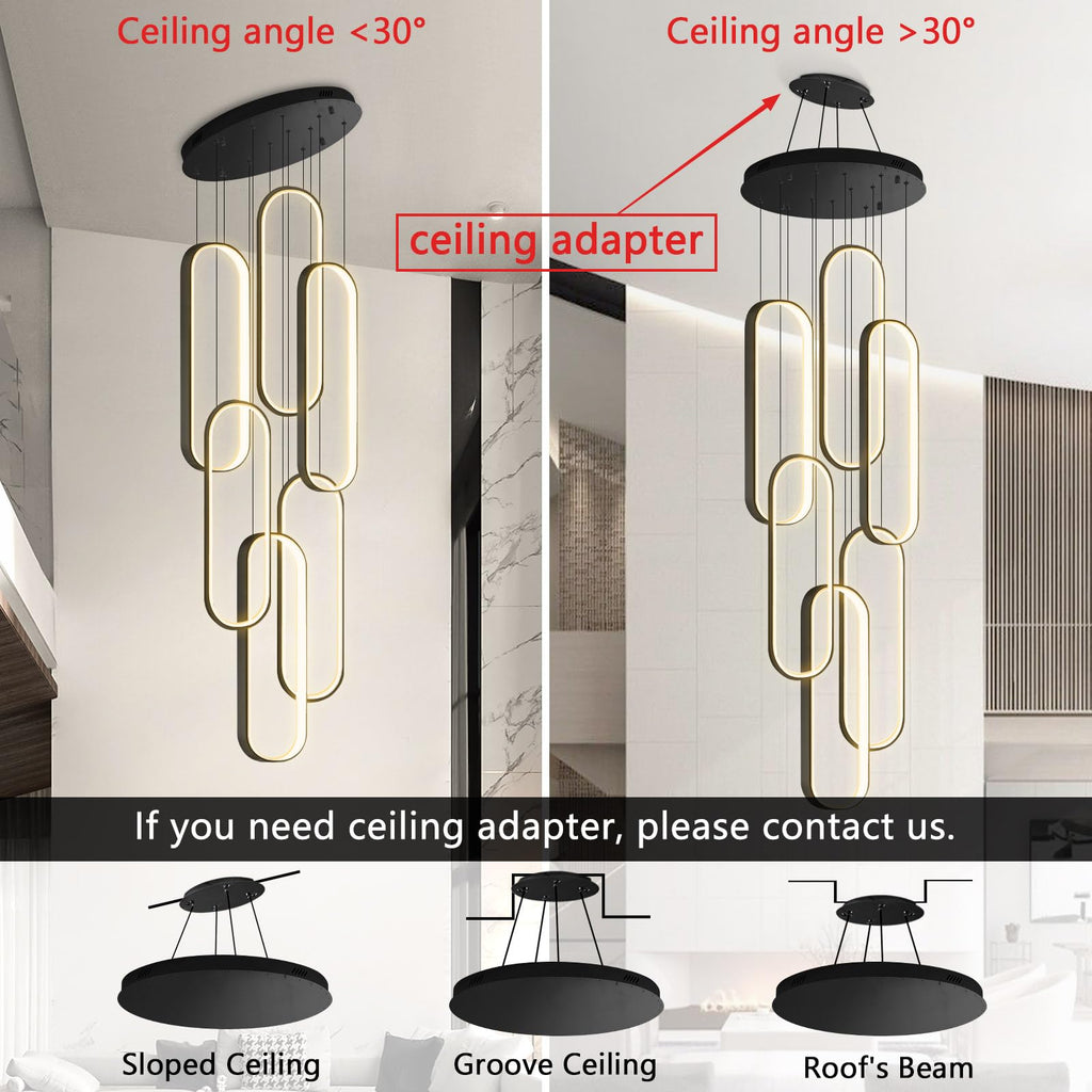 dolria 6 Rings Modern Chandelier LED Dimmable Flush Mount Ceiling Light for Foyer Living Room Staircaes Black