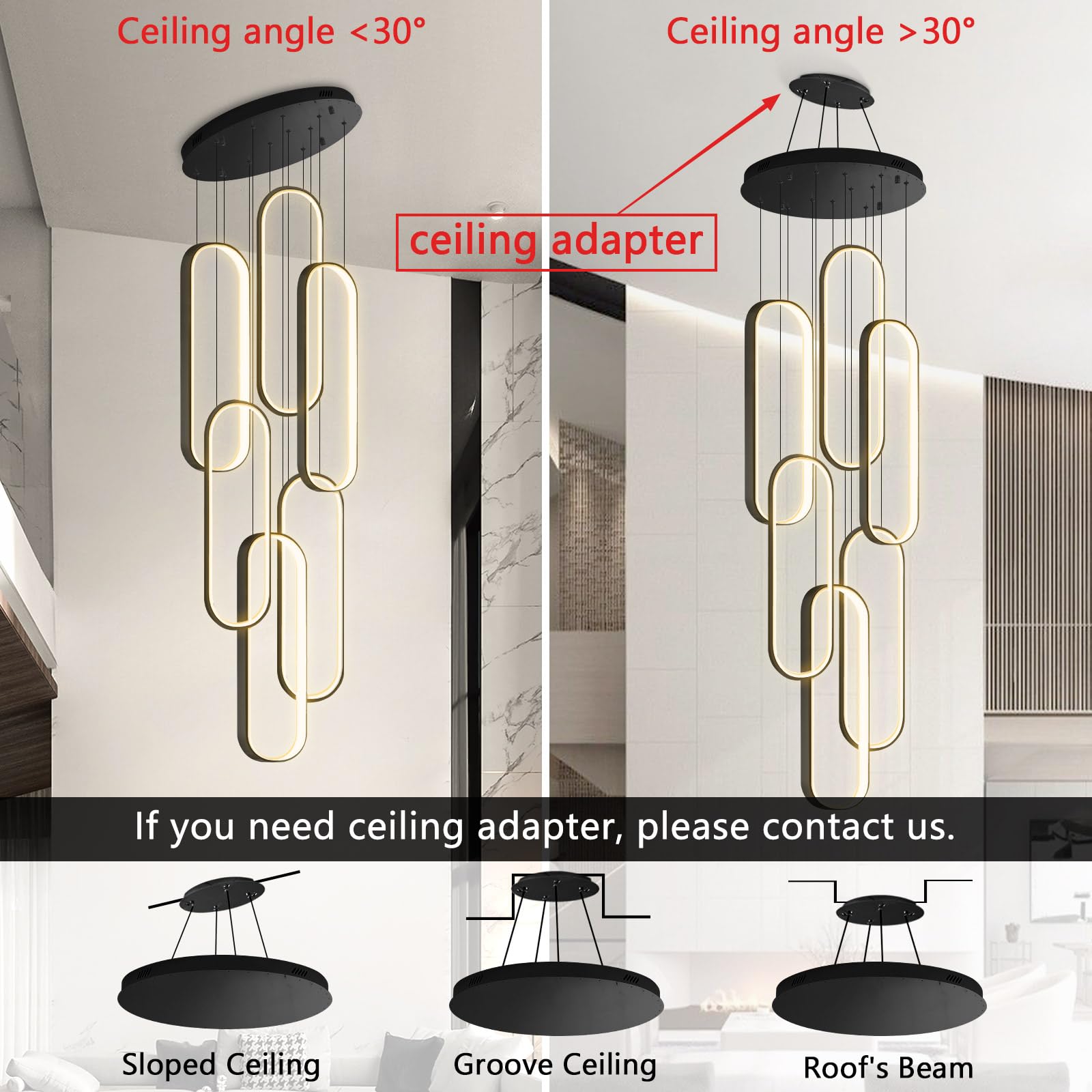 dolria 6 Rings Modern Chandelier LED Dimmable Flush Mount Ceiling Light for Foyer Living Room Staircaes Black