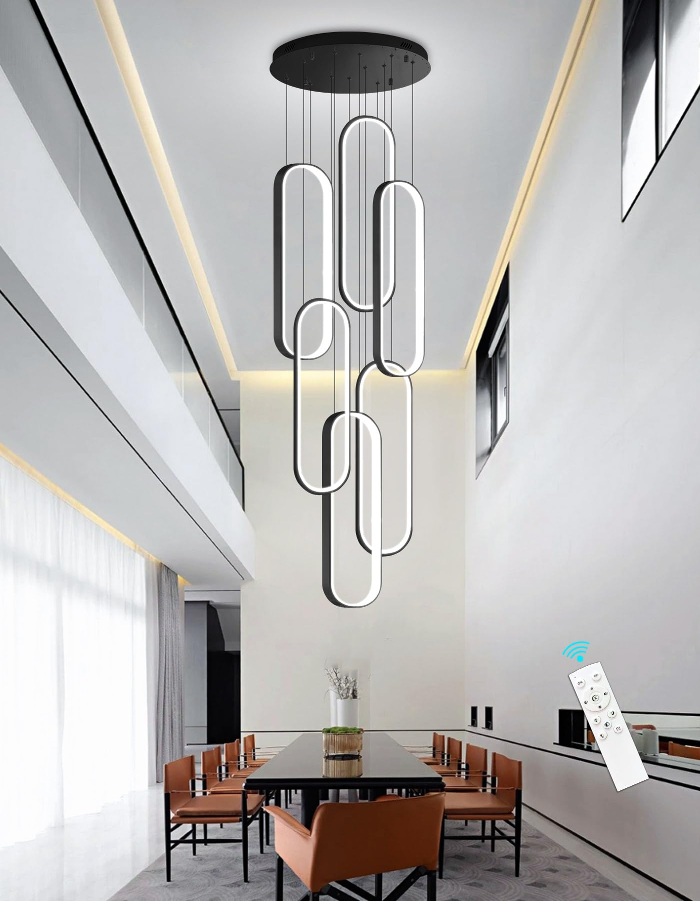 dolria 6 Rings Modern Chandelier LED Dimmable Flush Mount Ceiling Light for Foyer Living Room Staircaes Black