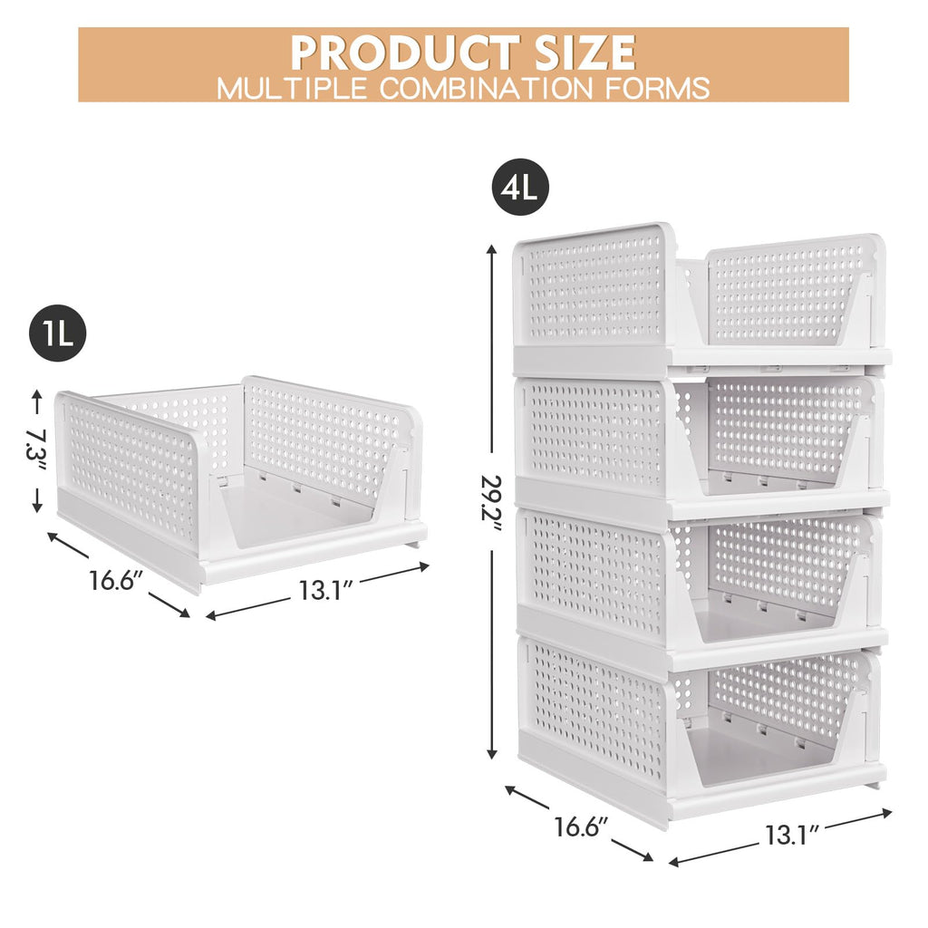 4 Pack Stackable Closet Storage Basket - Stackable Storage Bins, Multifunctional & Foldable Closet Organizer, Wardrobe Cupboard Space-Saving Clothes Storage Hat Organizer, White