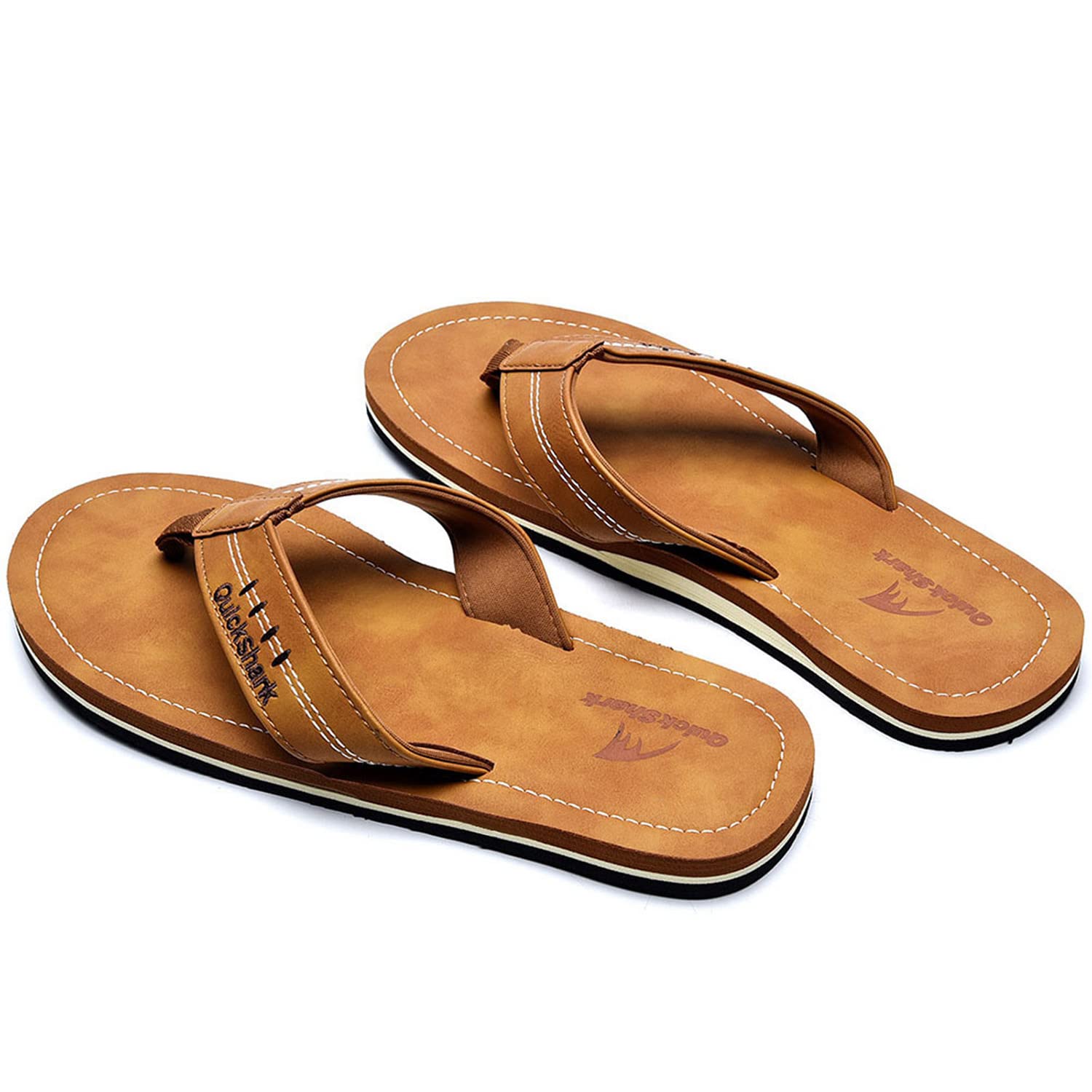 Quickshark Mens Flip Flops Leather Sandals Lightweight Beach Slippers Arch Support AKhaki Size 7