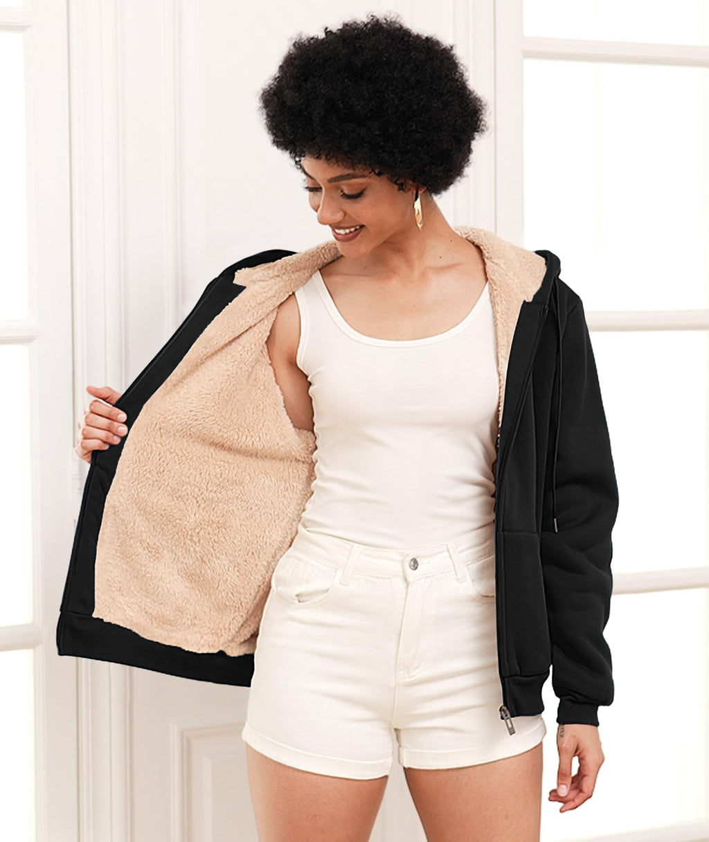 SWISSWELL Hoodies for Women Winter Fleece Sweatshirt - Full Zip Up Thick Sherpa Lined Hooded Jacket Black Medium