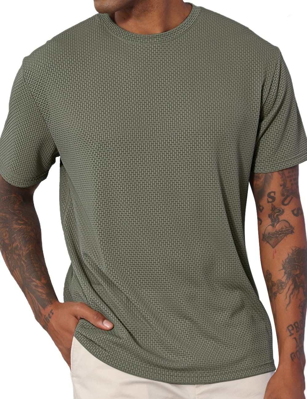 QOSOQ Men's Casual T-Shirts Knit Short Sleeve Crewneck Shirts Casual Stylish Knitted Pullover Tees Top Green