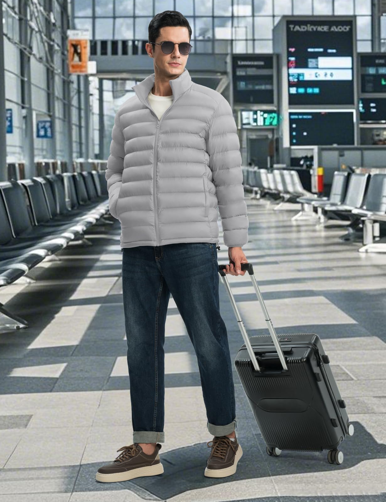 TBMPOY Men's Lightweight Puffer Down Jackets Detachable Hood Water-Resistant Winter Coat Hooded Insulated for Travel Ski Light Grey L