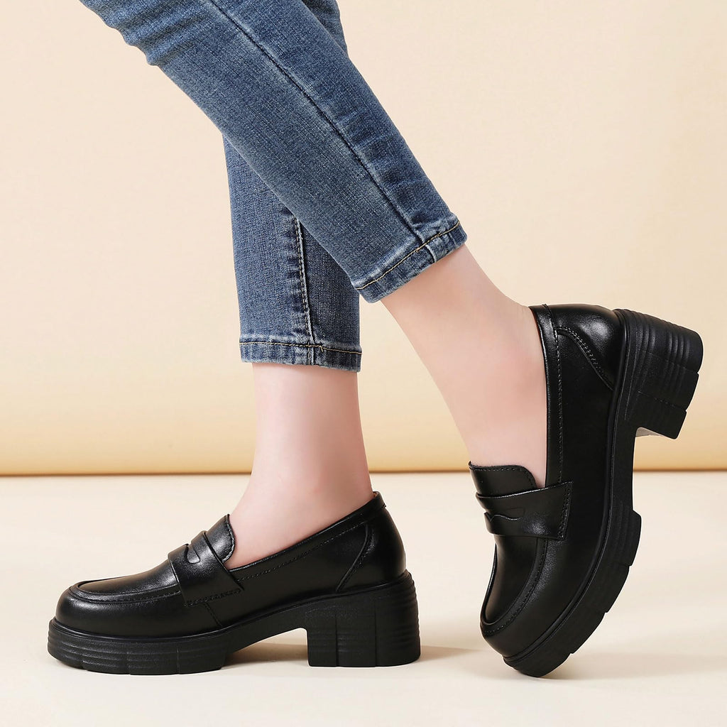 TKKAE Loafers for Women Women's Penny Platform Chunky Loafers Slip-Ons Comfortable Business Casual Dress Office Work Shoes for Ladies,Black Leather,6