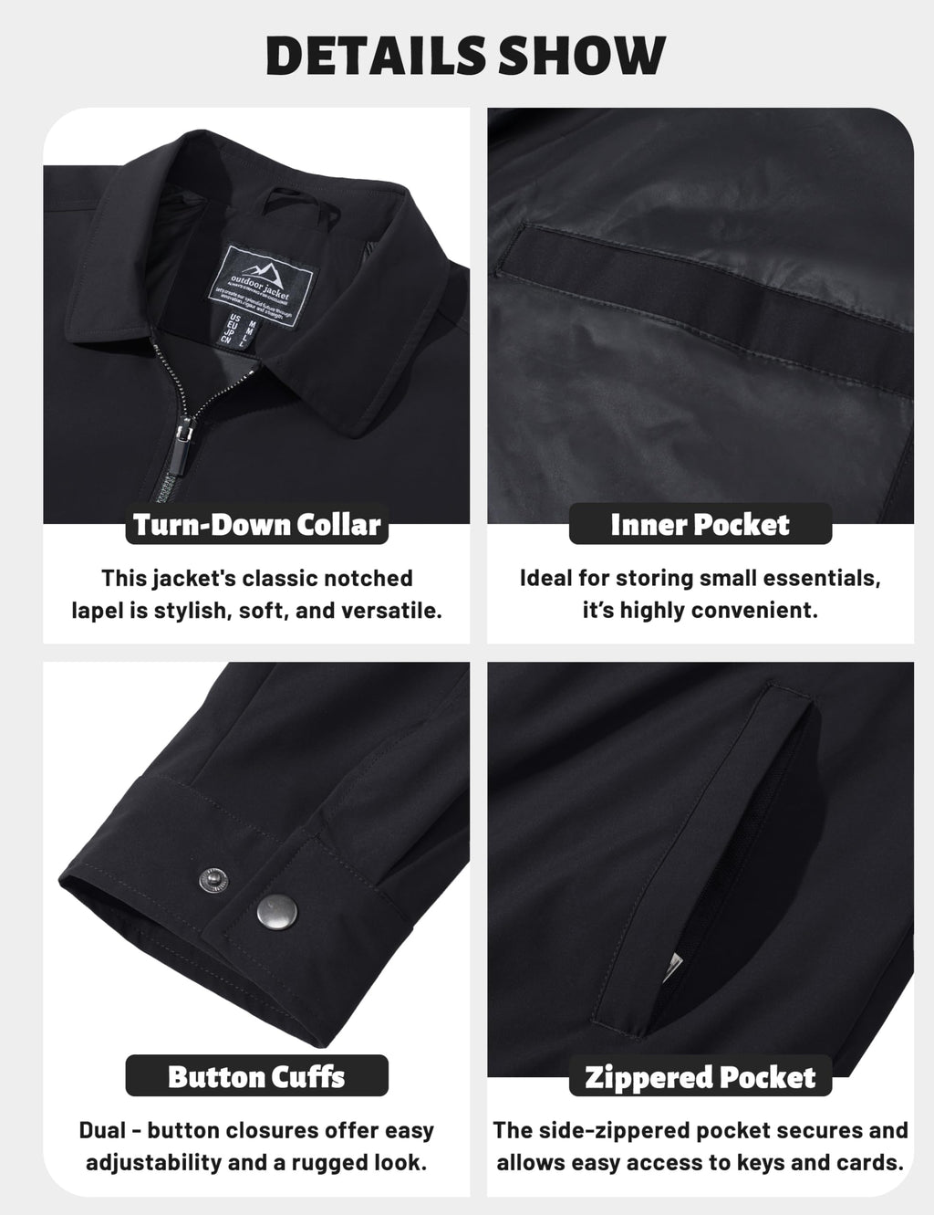 TACVASEN Mens Jacket Lightweight Windbreaker Jacket Business Casual Stylish Zip Up Work Coat for Fall and Spring Black